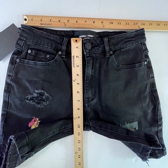 Homme + Femme NEW Distressed Flames Logo Jean Shorts Mens Sz 28 Black Stretch - Picture 10 of 11